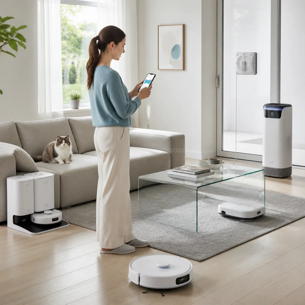 モダンホームで動作するインテリジェント清掃ロボットの写真